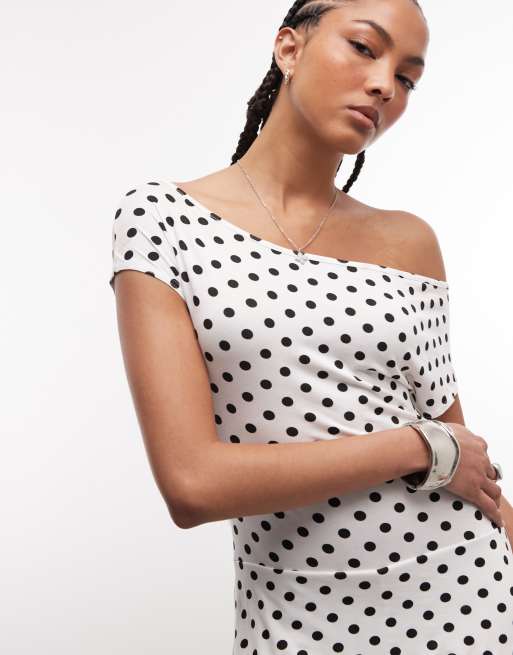 COLLUSION - Vestido corto blanco asimétrico con estampado de lunares y cintura baja, 2 de 4