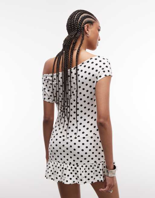 COLLUSION - Vestido corto blanco asimétrico con estampado de lunares y cintura baja, 4 de 4