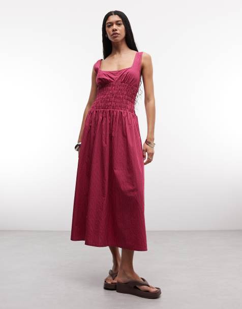 COLLUSION - Vestido largo a rayas rosas fruncido con cuello cuadrado - view 1