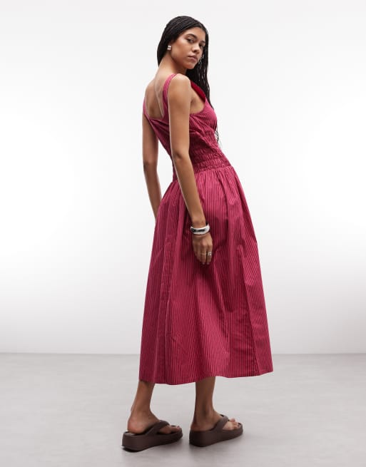 COLLUSION - Vestido largo a rayas rosas fruncido con cuello cuadrado , 4 de 4