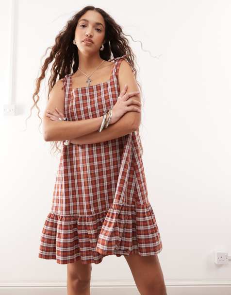 COLLUSION - Vestito babydoll corto marrone a quadri con scollo squadrato - view 1