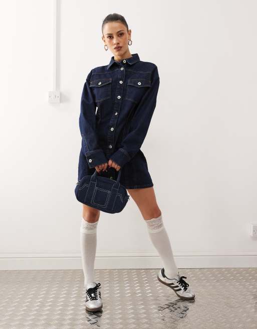 COLLUSION - Vestito camicia corto di jeans nero slavato