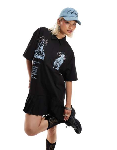 COLLUSION - Vestito camicia corto stile kilt nero con stampa sul davanti - view 1