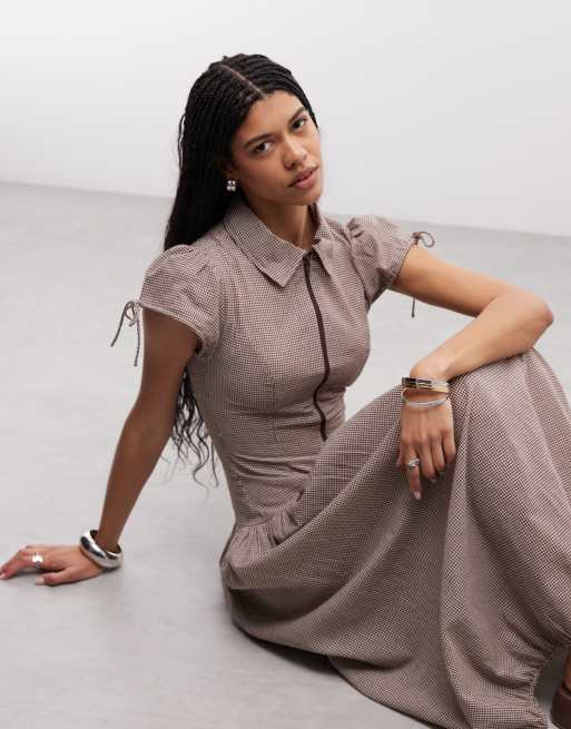 COLLUSION - Vestito camicia midi marrone a quadretti, 2 di 4