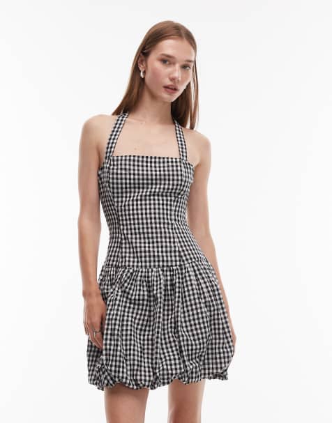 COLLUSION - Vestito corto a sbuffo allacciato al collo a quadretti bianchi e neri - view 1