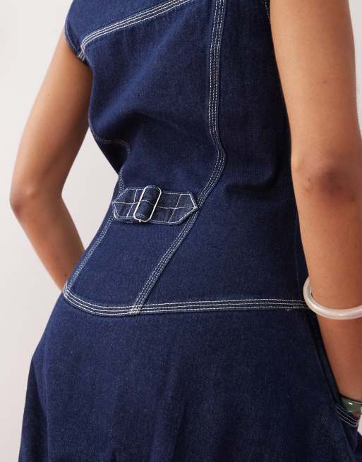 COLLUSION - Vestito corto in denim lavaggio rinse wash con fibbia, 3 di 4