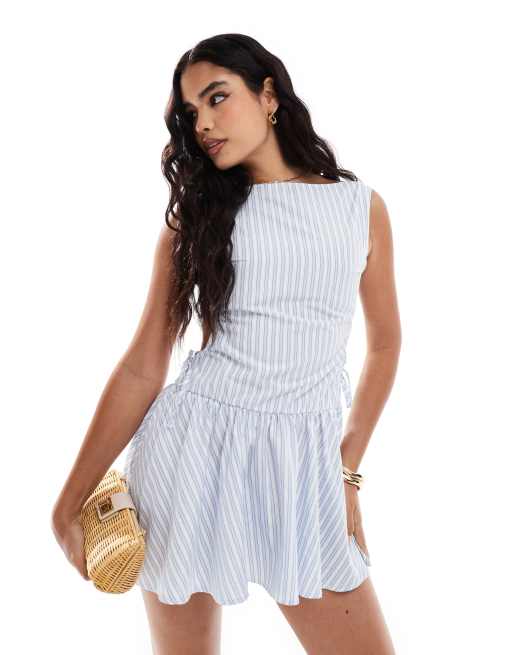 COLLUSION - Vestito corto in popeline a righe blu con scollo a barchetta