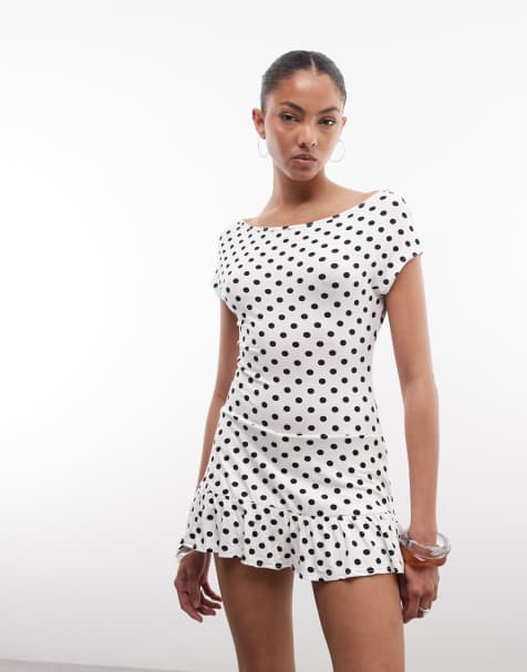 COLLUSION - Vestito corto monospalla bianco a pois con vita scesa - view 1