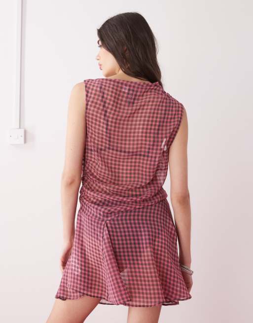 COLLUSION Vestito corto rosa e nero a quadretti lavaggio acido