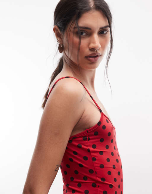 COLLUSION - Vestito gonna pantalone con spalline sottili rosso a pois, 3 di 4