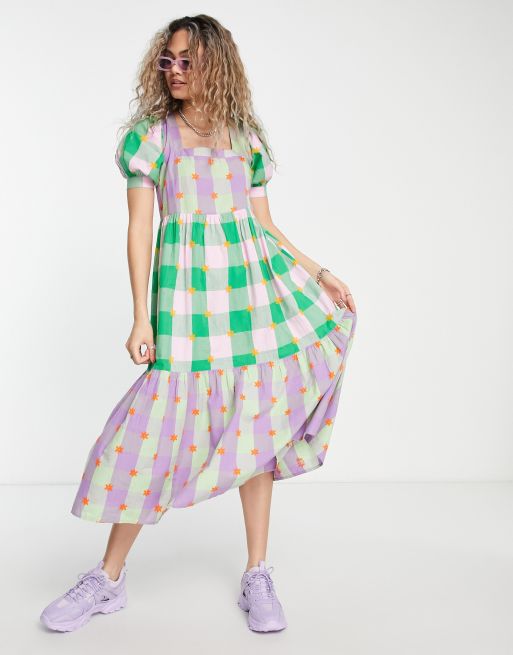 COLLUSION - Vestito grembiule midi multicolore a quadretti misti con ricami