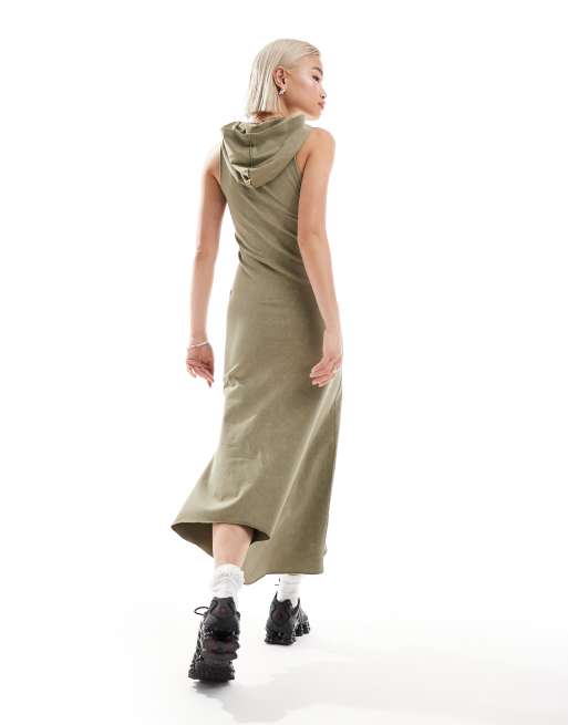 COLLUSION - Vestito lungo kaki combinato con cappuccio, 4 di 4