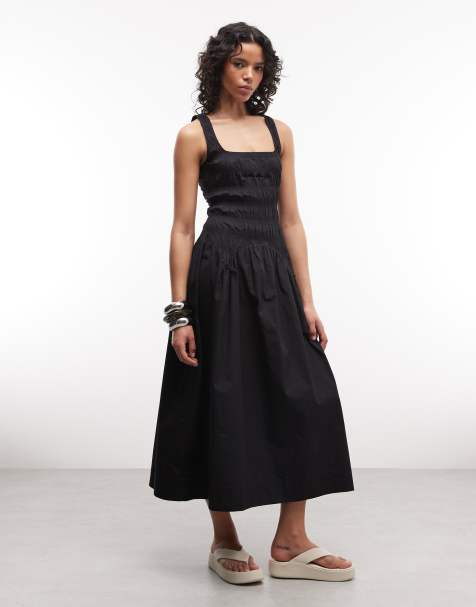 COLLUSION - Vestito midi arricciato con scollo squadrato nero - view 1