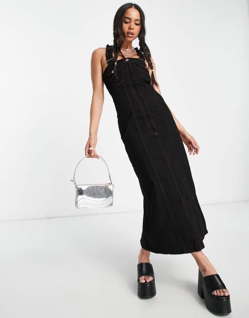 COLLUSION - Vestito midi di jeans nero con cuciture rosse