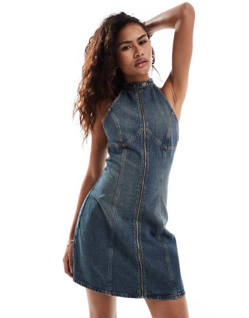 COLLUSION - Vestito midi in denim lavaggio sporco stile biker allacciato al collo