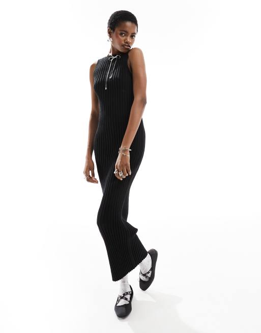 COLLUSION - Vestito midi in maglia nero con scollo a barchetta
