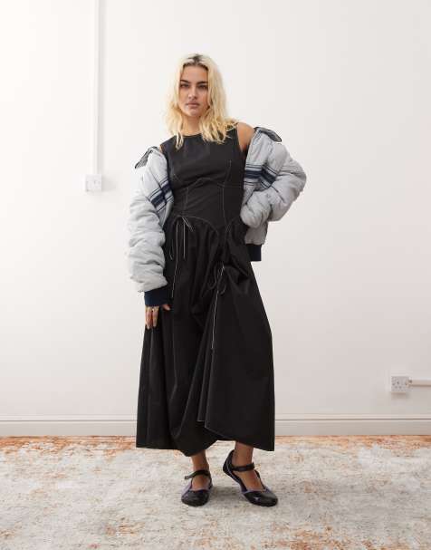 COLLUSION - Vestito midi nero in popeline con gonna a palloncino arricciata - view 1
