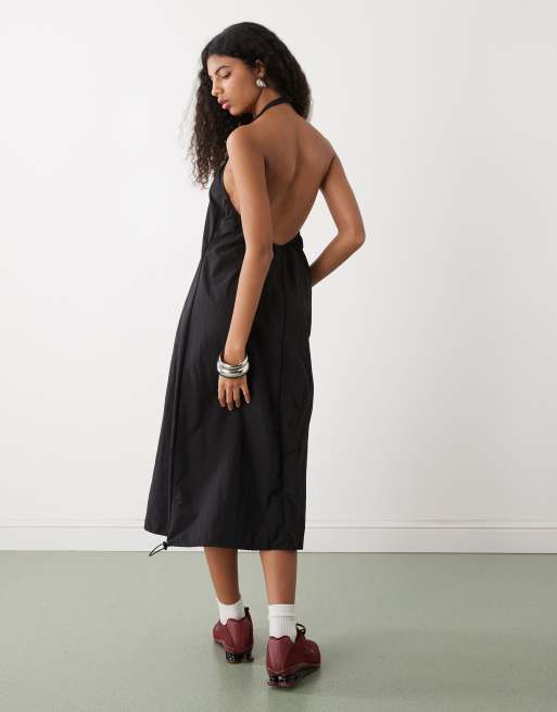 COLLUSION - Vestito midi voluminoso allacciato al collo in nylon nero arricciato, 3 di 4