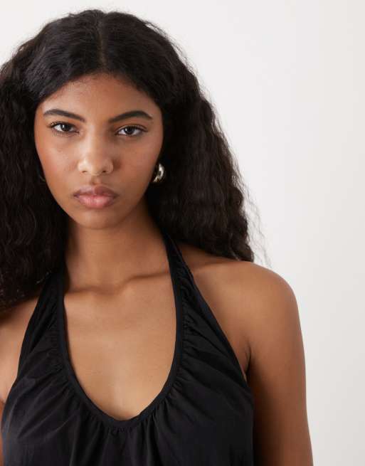 COLLUSION - Vestito midi voluminoso allacciato al collo in nylon nero arricciato, 4 di 4