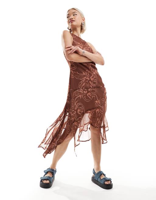 COLLUSION - Vestito sottoveste asimmetrico in chiffon destrutturato con stampa sfocata a fiori