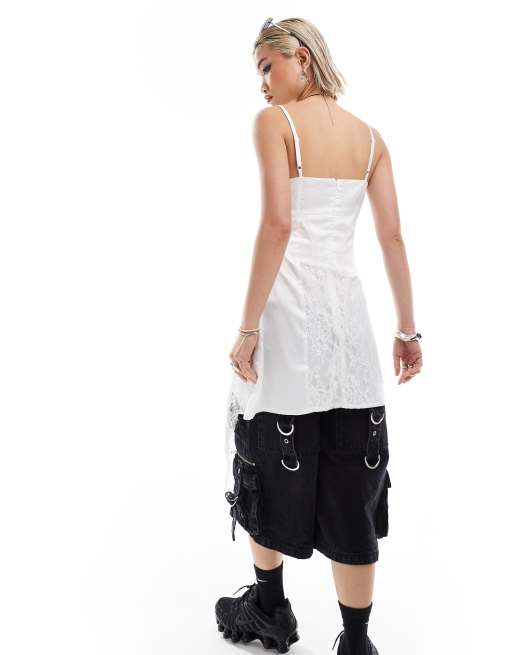 COLLUSION - Vestito sottoveste corto in raso jacquard e pizzo destrutturato color avorio, 2 di 4