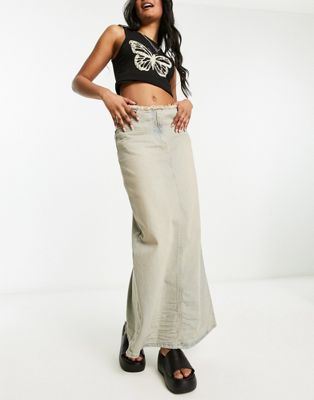 COLLUSION vintage crease detail denim maxi skirt in light dirty wash