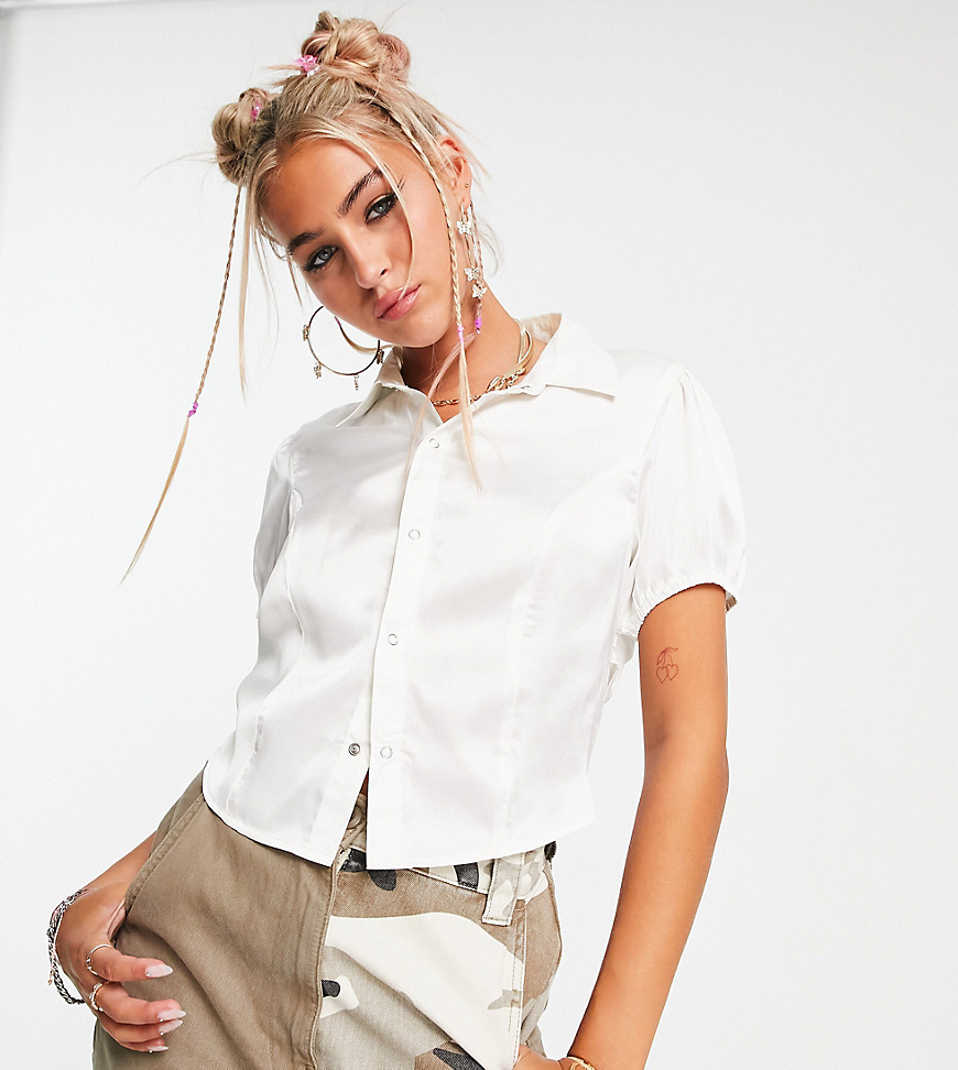 COLLUSION vintage cropped satin shirt with branding in ecru-White