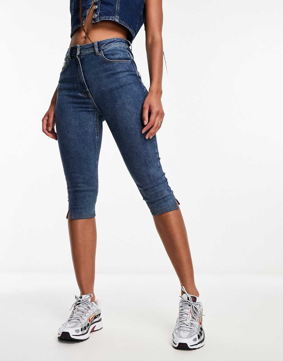COLLUSION vintage denim longline skinny short in blue