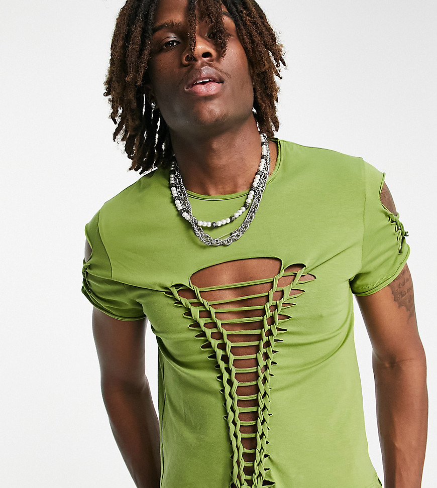 COLLUSION vintage fit t-shirt with shredded detail in green