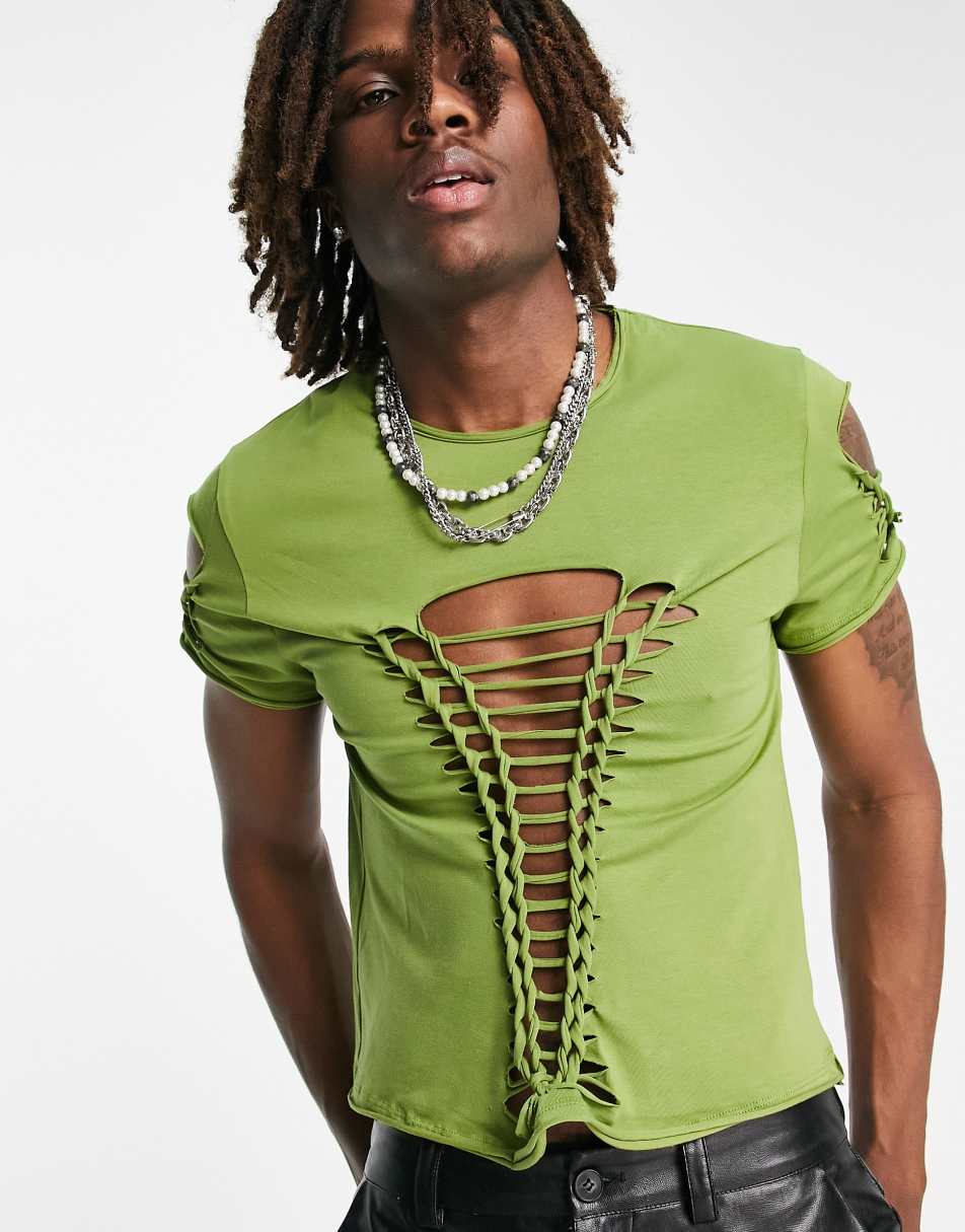 COLLUSION vintage fit t-shirt with shredded detail in green