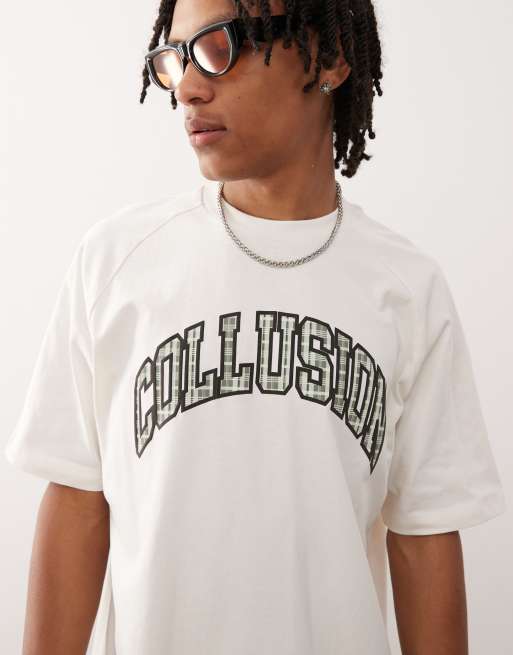 COLLUSION – Vit kraftig t-shirt med rutigt tryck, 2 av 4