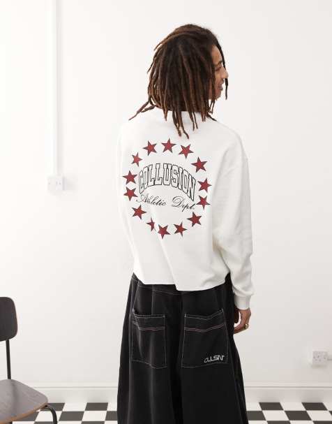 COLLUSION – Vit, långärmad t-shirt med "skater dept"-tryck i collegestil baktill - view 1