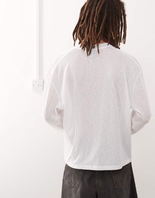 COLLUSION – Vit, skir, texturerad t-shirt i skaterstil med boxig passform, långa ärmar och tryck, 3 av 4