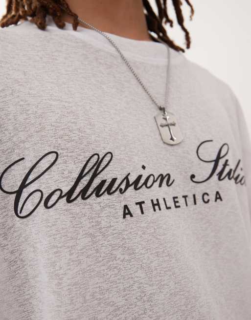 COLLUSION – Vit, skir, texturerad t-shirt i skaterstil med boxig passform, långa ärmar och tryck, 4 av 4