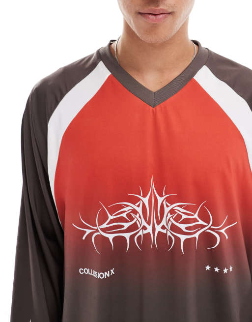 COLLUSION Voetbalshirt met lange mouwen en skaterpasvorm in rood en zwart ASOS