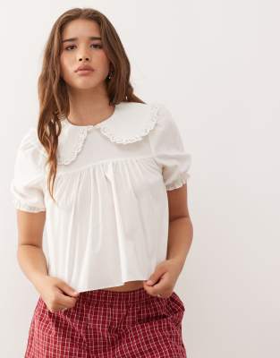 COLLUSION volume smock blouse with lace trim and collar detail in white