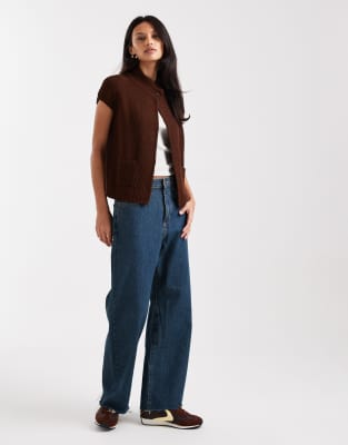 Collusion Waffle Knit Funnel Neck Open Cardigan In Brown