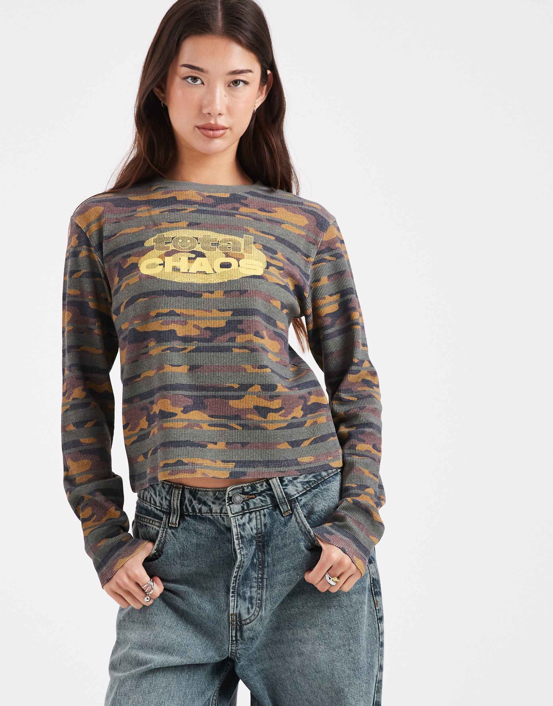 collusion waffle knit long sleeve top in camo