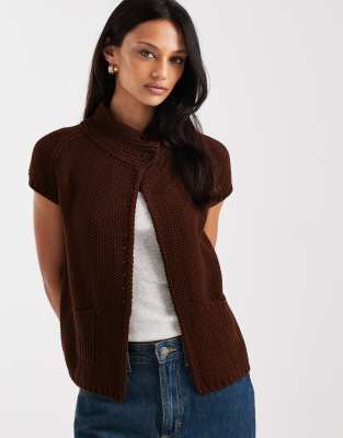 Collusion COLLUSION waffle knitted funnel neck open cardi in brown