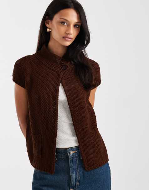 COLLUSION waffle knitted funnel neck open cardi in brown - view 1