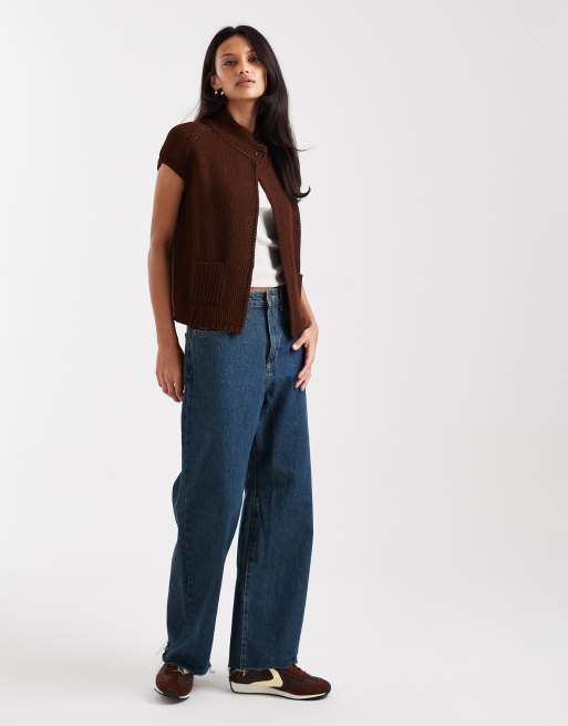 COLLUSION waffle knitted funnel neck open cardi in brown
