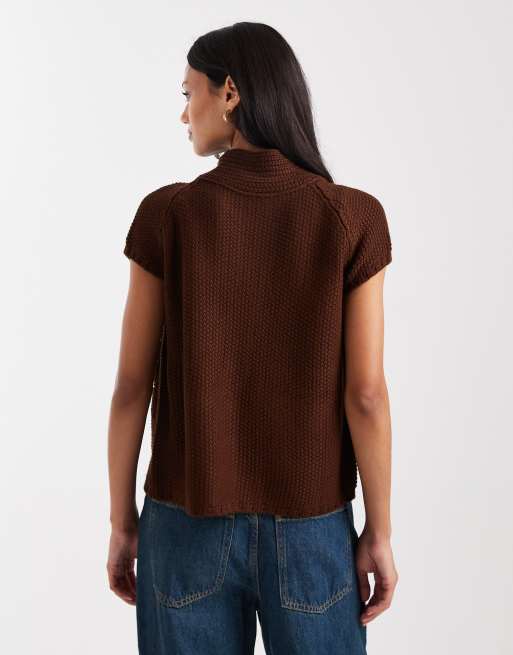 COLLUSION waffle knitted funnel neck open cardi in brown