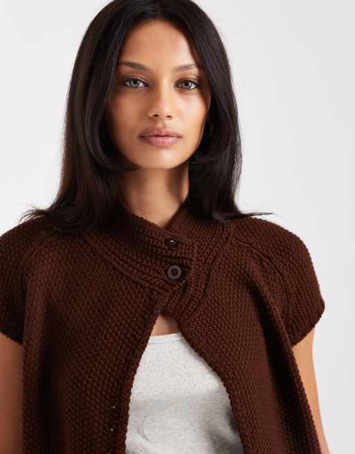 COLLUSION waffle knitted funnel neck open cardi in brown