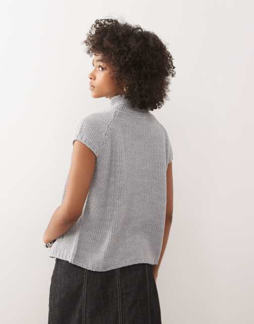 COLLUSION waffle knitted funnel neck open cardi in grey