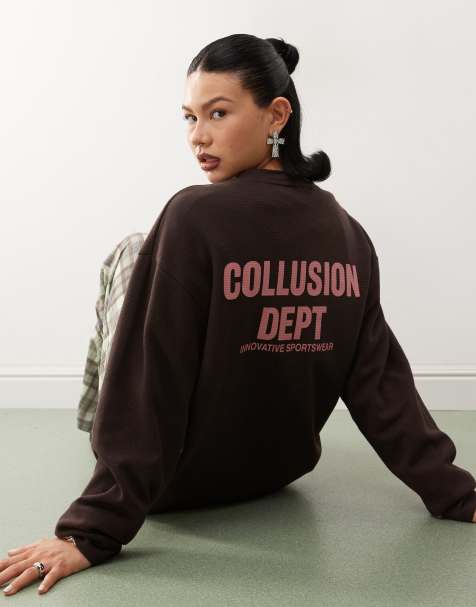 COLLUSION waffle long sleeve top with dept logo in pink - view 1