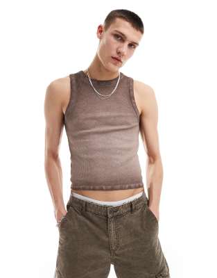 COLLUSION waffle muscle festival vest in brown with oil wash and tattoo print