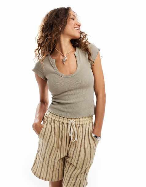 COLLUSION waffle notch neck top in olive - view 1