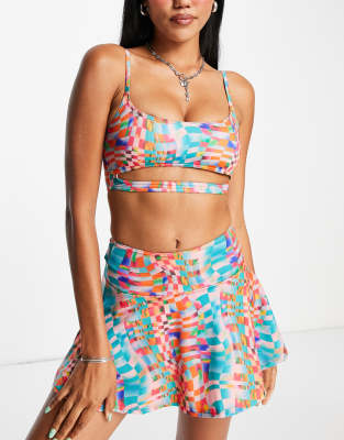 Collusion Warp Check Printed Cut Out Bikini Top In Multi