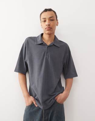 Collusion Washed Black Boxy Polo T-shirt In Black