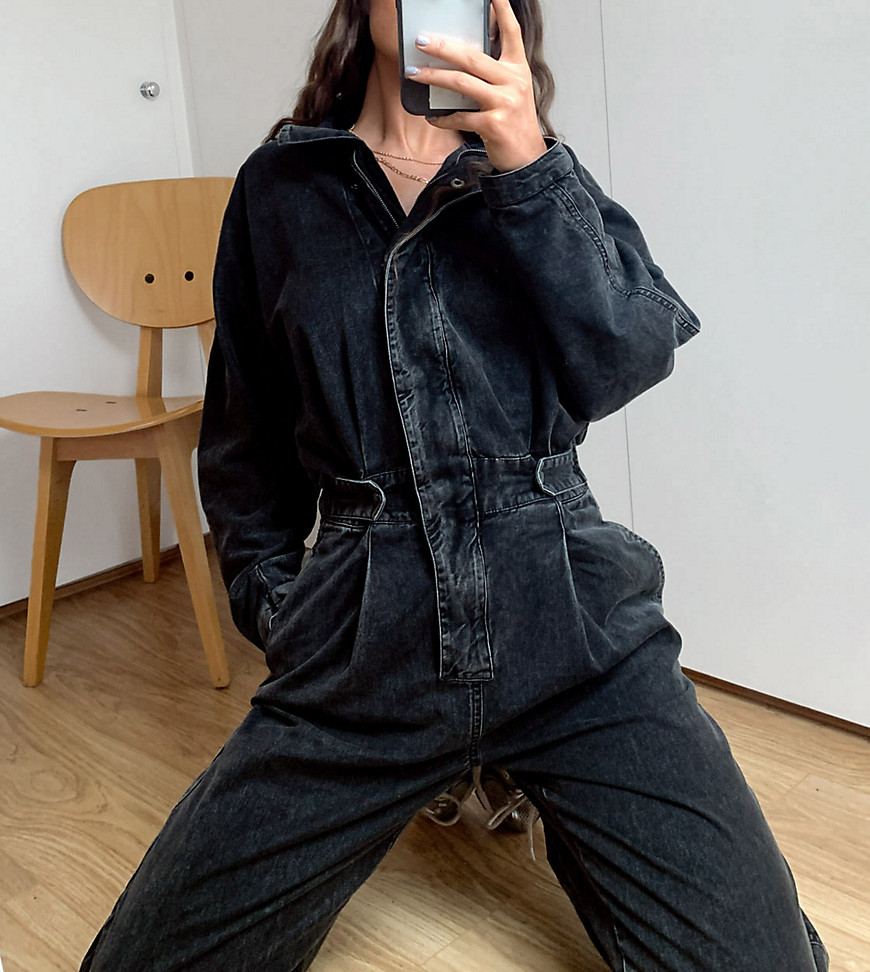 COLLUSION washed boilersuit with waist detail in black
